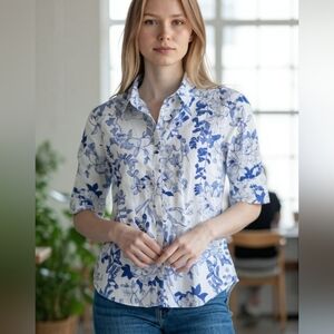 New York & Company Women's White/BLUE Blouse SZ XS